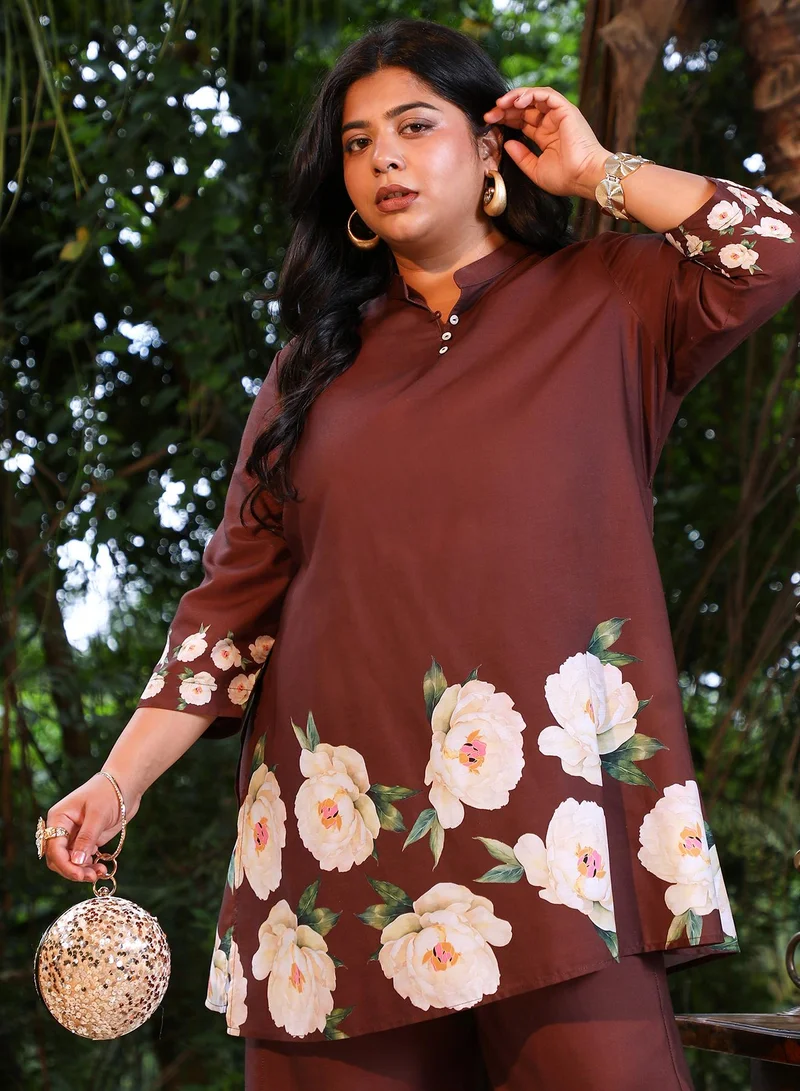 Instafab Plus Instafab Plus Women's Chocolate Brown Flared Roses-Imprint Kurta Set For Ethnic Wear | Mandarin Collar, Quarter Regular Sleeves | Floral Print Plain Fabric | 2 Piece Kurta Set For Casual & Daily Wear