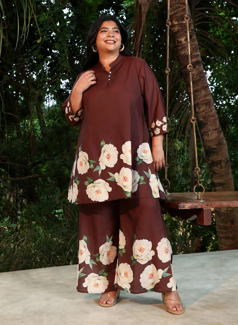 Instafab Plus Instafab Plus Women's Chocolate Brown Flared Roses-Imprint Kurta Set For Ethnic Wear | Mandarin Collar, Quarter Regular Sleeves | Floral Print Plain Fabric | 2 Piece Kurta Set For Casual & Daily Wear