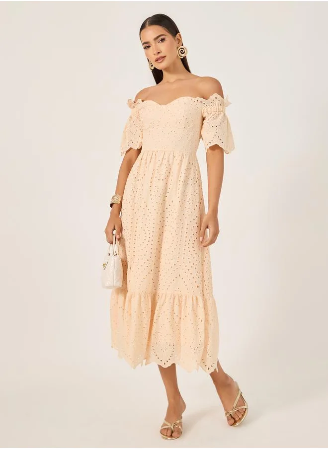 ستايلي Schiffli Off Shoulder A-Line Midi Dress