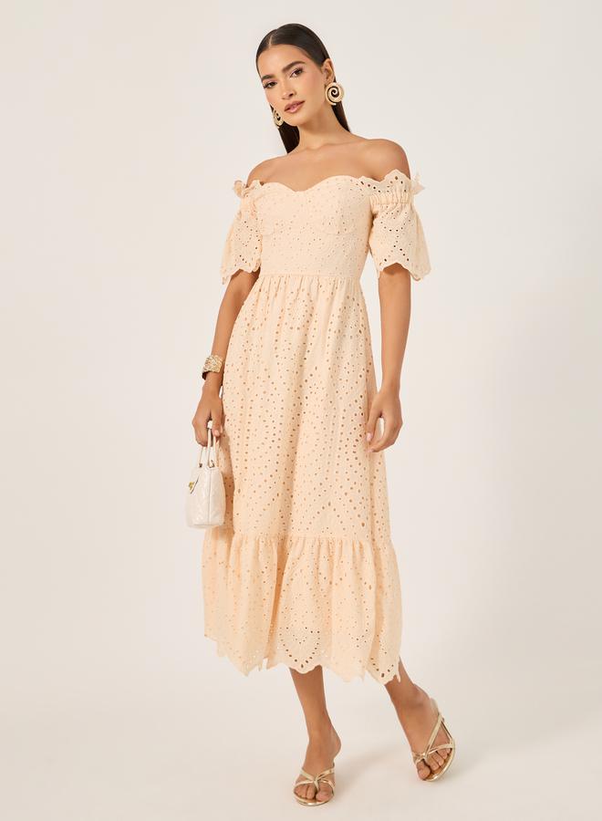 Styli Schiffli Off Shoulder A-Line Midi Dress - Image 1