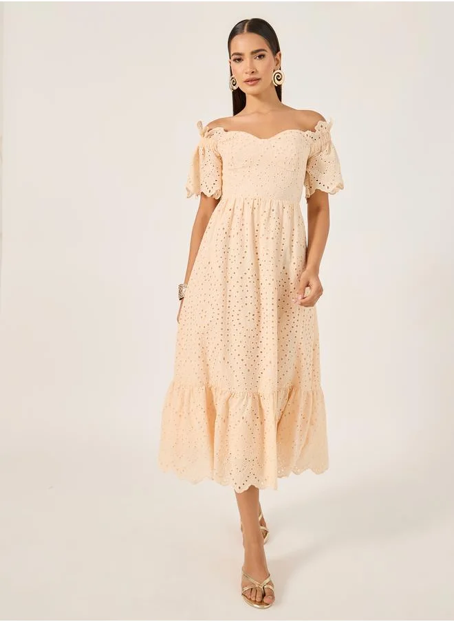 Styli Schiffli Off Shoulder A-Line Midi Dress