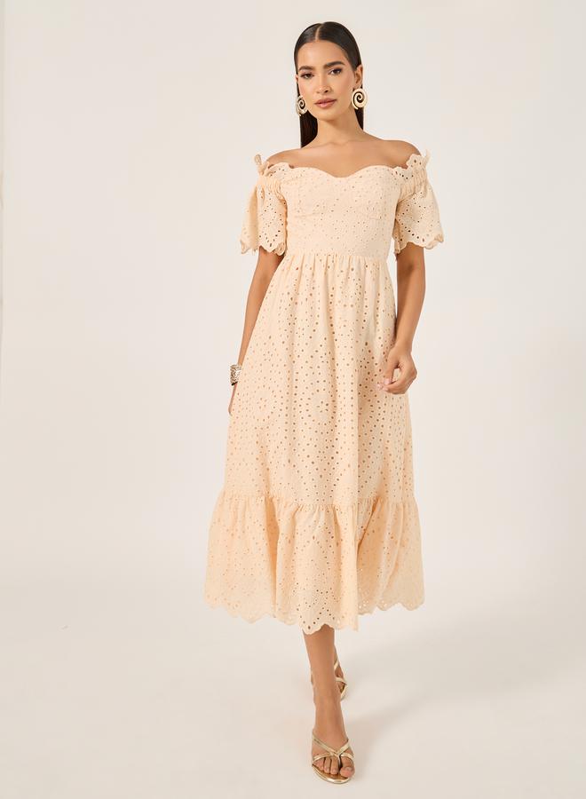 Styli Schiffli Off Shoulder A-Line Midi Dress - Image 2