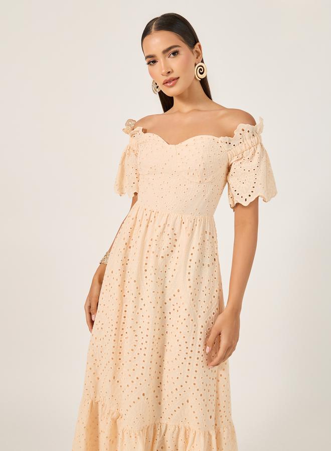 Styli Schiffli Off Shoulder A-Line Midi Dress - Image 3