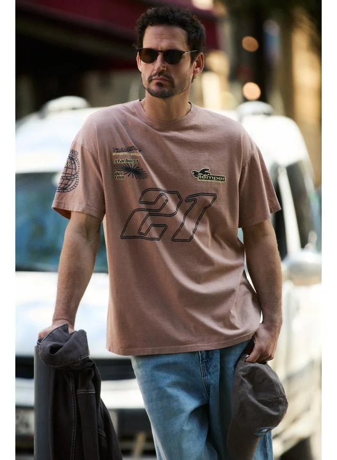 GRIMELANGE SPIEZ Men's 100% Organic Cotton Wash and Print Detailed Regular Vizon T‑Shirt.