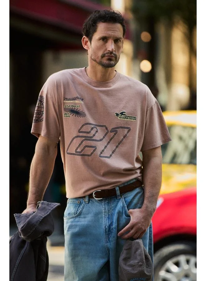 GRIMELANGE SPIEZ Men's 100% Organic Cotton Wash and Print Detailed Regular Vizon T‑Shirt.