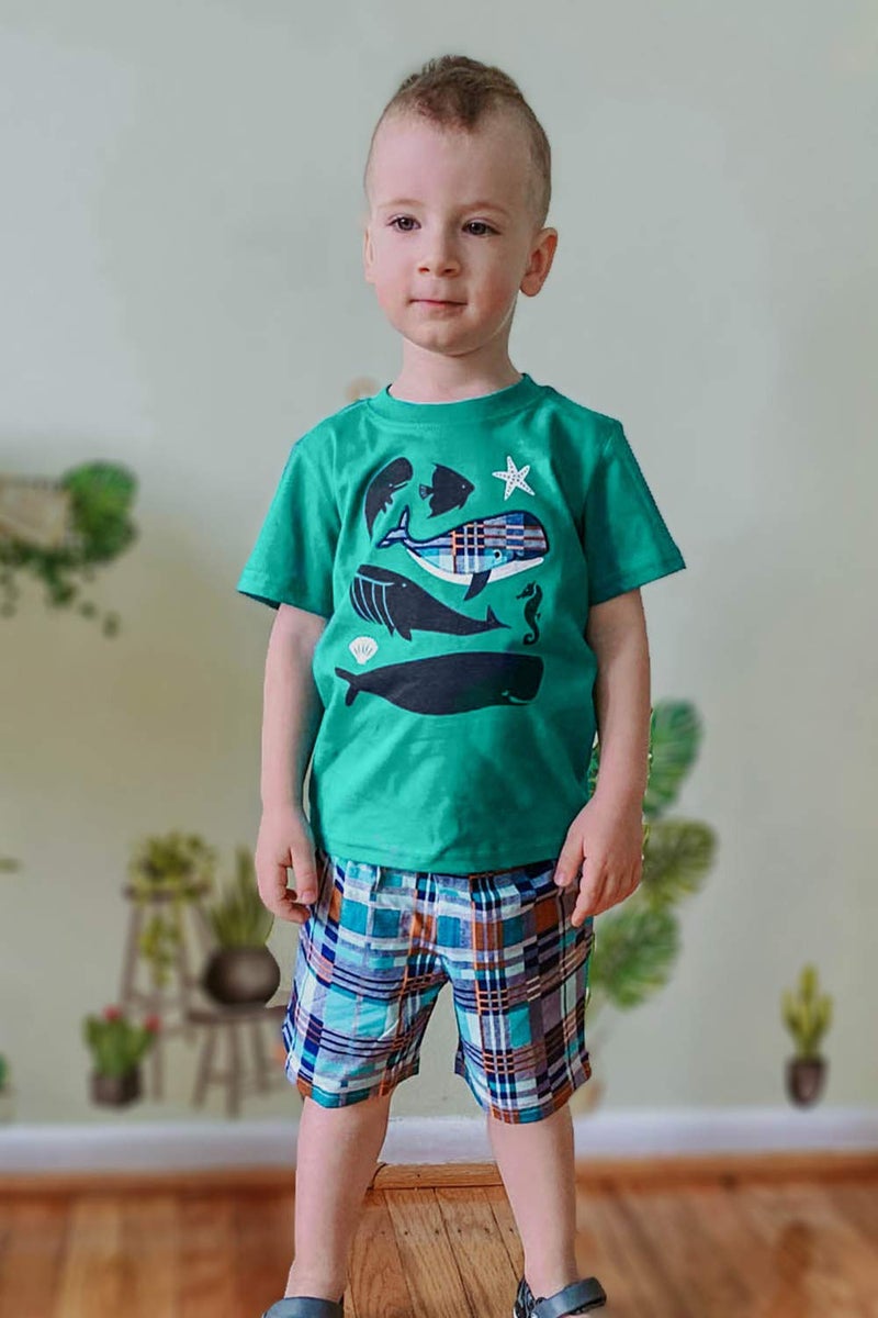 Bumeex Toddler Boy Summer Clothes,Cotton Cute Fish Short Sleeve T-shirt and Short Outfit Set Green 3t - Image 2