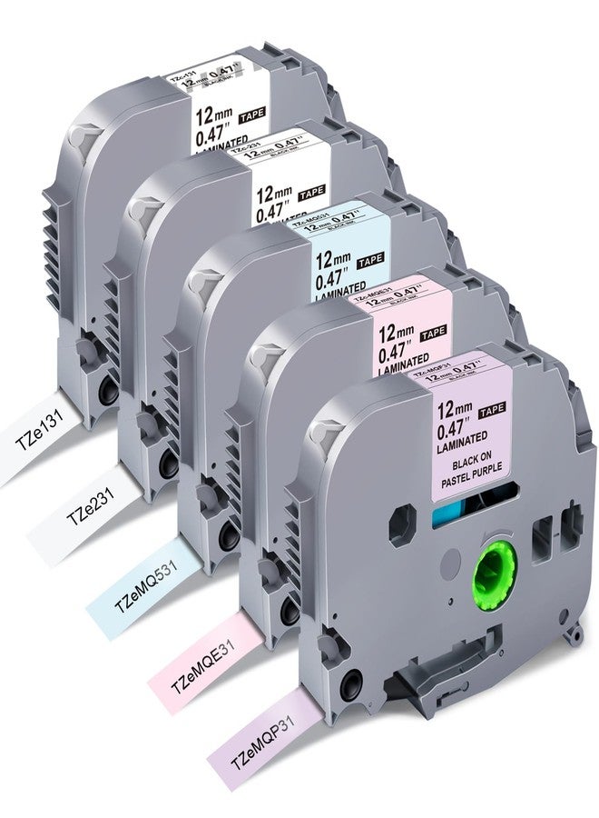 RAEMALL 5-Pack Compatible with Brother P Touch Label Tape TZe TZ 12mm 0.47 Laminated Colored Label Maker Refills, for Brother Ptouch PT-D210 D220 H110 D400 1000 1280 (Clear/White/Purple/Pink/Blue) - Image 1