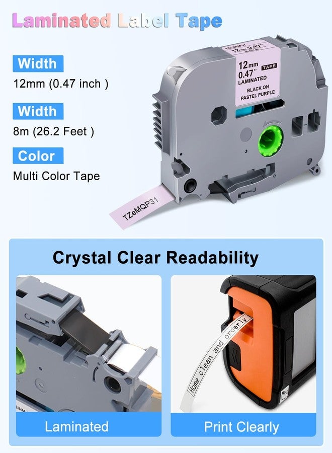 RAEMALL 5-Pack Compatible with Brother P Touch Label Tape TZe TZ 12mm 0.47 Laminated Colored Label Maker Refills, for Brother Ptouch PT-D210 D220 H110 D400 1000 1280 (Clear/White/Purple/Pink/Blue) - Image 3