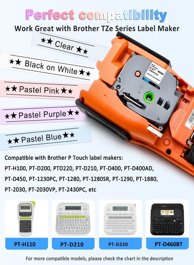 RAEMALL 5-Pack Compatible with Brother P Touch Label Tape TZe TZ 12mm 0.47 Laminated Colored Label Maker Refills, for Brother Ptouch PT-D210 D220 H110 D400 1000 1280 (Clear/White/Purple/Pink/Blue) - Image 2