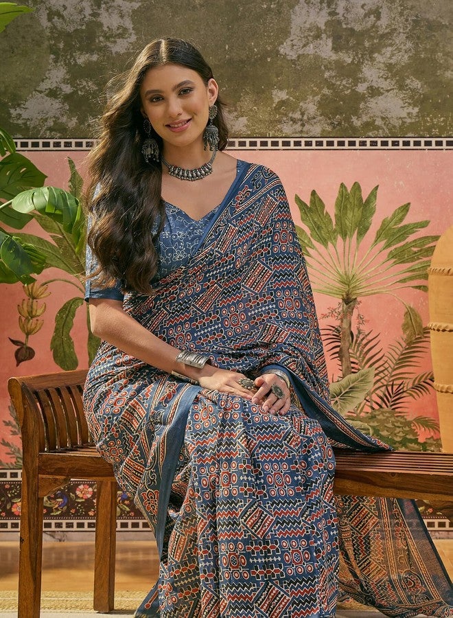 Satrani Women's Cotton Printed Saree with Unstitched Blouse Piece (98RS241N_Blue) - Image 3
