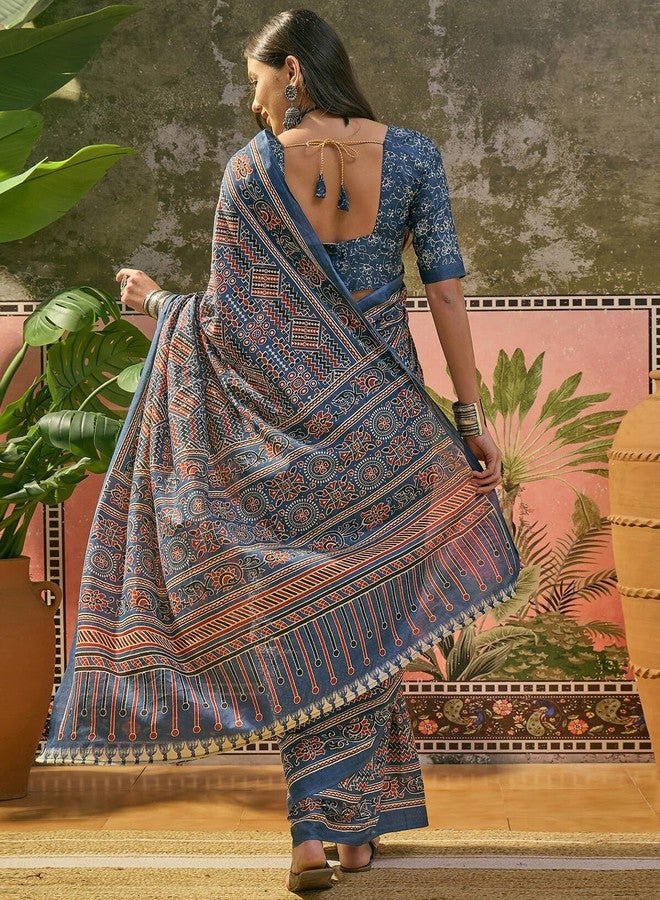 Satrani Women's Cotton Printed Saree with Unstitched Blouse Piece (98RS241N_Blue) - Image 2