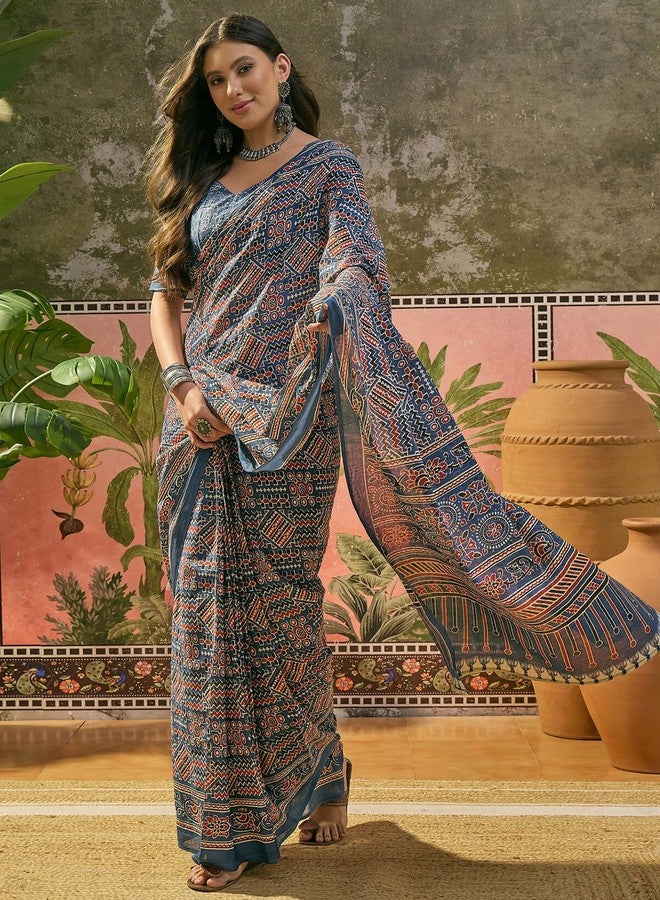 Satrani Women's Cotton Printed Saree with Unstitched Blouse Piece (98RS241N_Blue) - Image 1