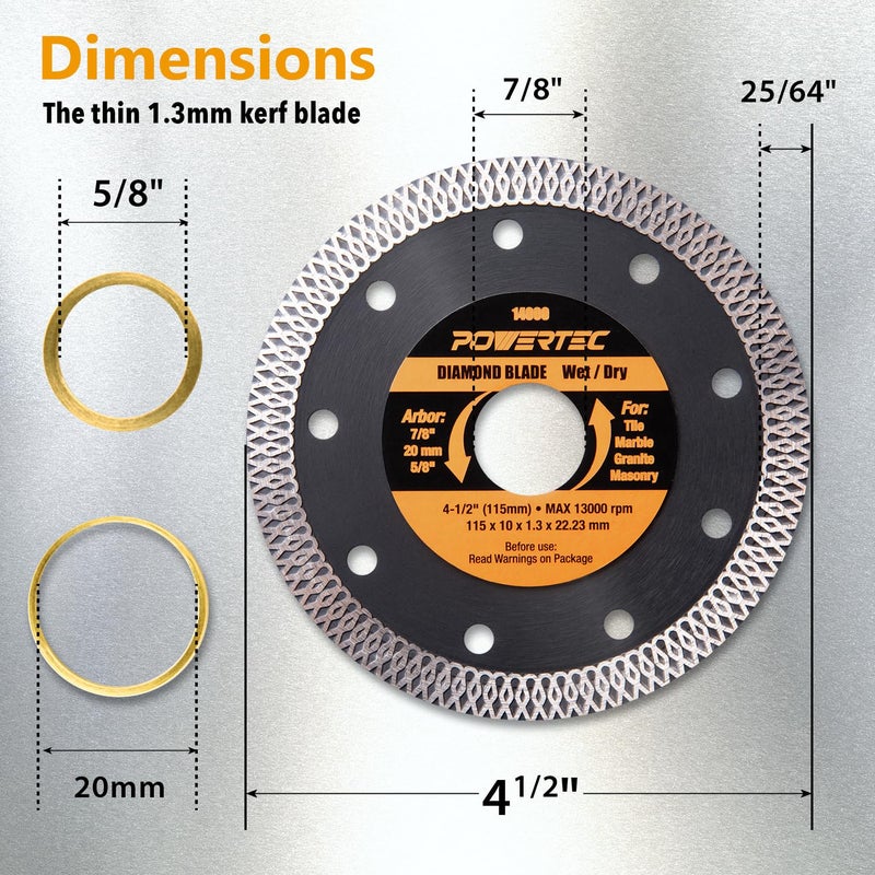 POWERTEC 4-1/2 Inch Diamond Saw Blades for Angle Grinder 2 Pack, Super Thin Turbo Mesh Rim Tile Blades for Cutting Porcelain, Granite Tile & Ceramic Tile, 4.5" Diamond Blades (14000-P2) - Image 3
