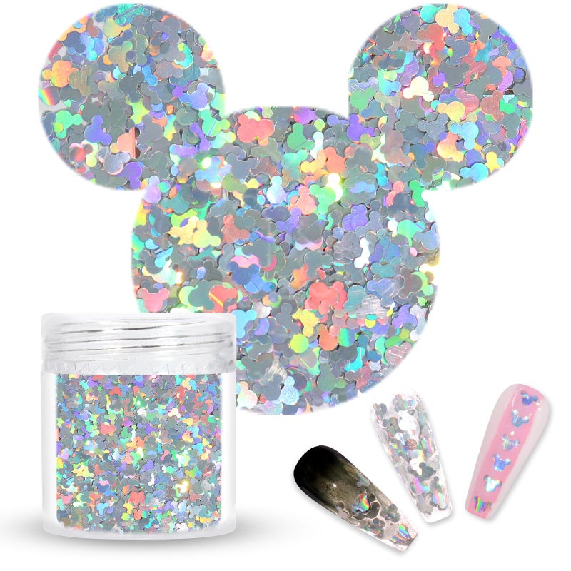 Laza 2g Chunky Glitter Mickey Mouse Shaped Confetti Nail Charms Holographic Sequins Stickers Sparkle for DIY Crafts Nail Art Decoration Party Face Body Make Up Resin - Laser Silver - Image 1