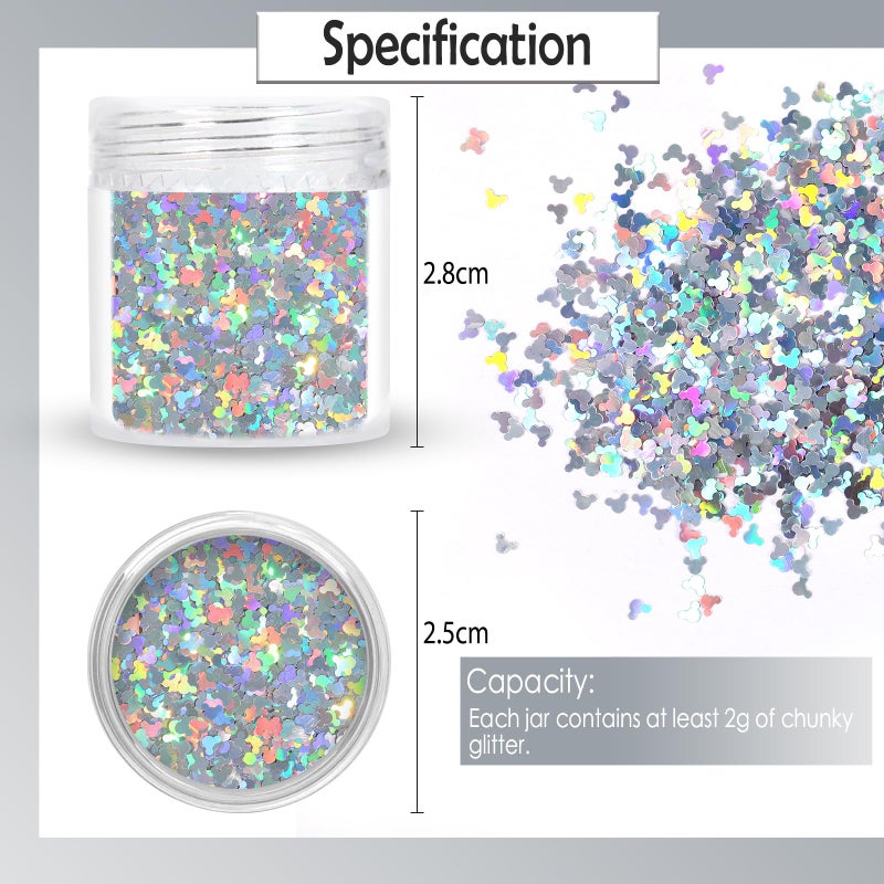 Laza 2g Chunky Glitter Mickey Mouse Shaped Confetti Nail Charms Holographic Sequins Stickers Sparkle for DIY Crafts Nail Art Decoration Party Face Body Make Up Resin - Laser Silver - Image 2