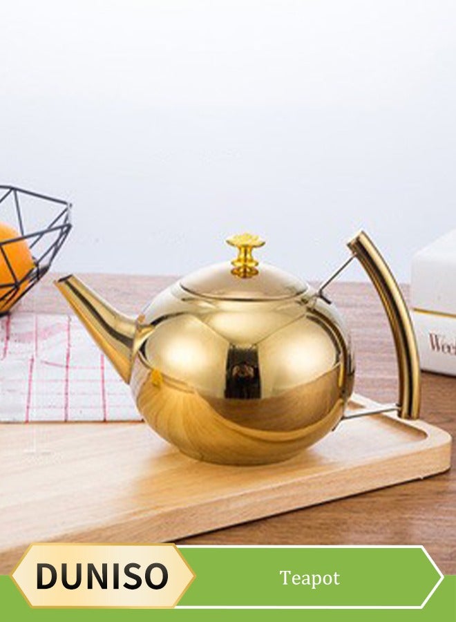 DUNISO 1.5L tea pot,Pot Metal Tea Kettle with Coffee Boiling Camping Gas Stove Thicken Water Kettle Heater Tea Strainer Cold Water Bottle Stainless Steel,gold