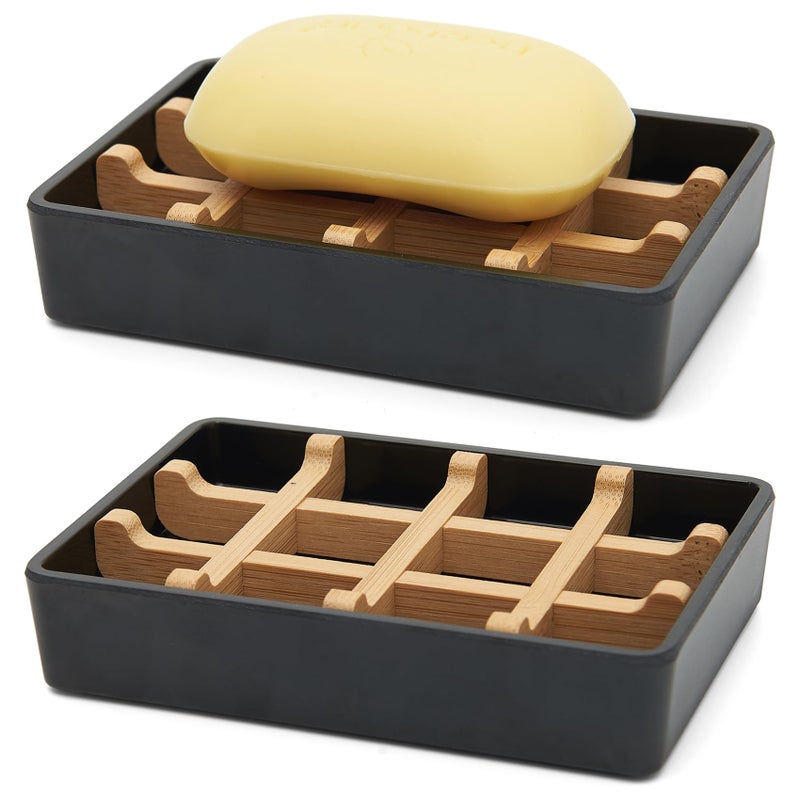 Maqqet Bamboo Soap Dishes for Shower with Drainage Wooden Soap Bar Holder for Bathroom Soap Tray Easy to Clean, Durable and with Non-Slip Pads(Single Black Square) - Image 1