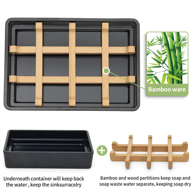 Maqqet Bamboo Soap Dishes for Shower with Drainage Wooden Soap Bar Holder for Bathroom Soap Tray Easy to Clean, Durable and with Non-Slip Pads(Single Black Square) - Image 2