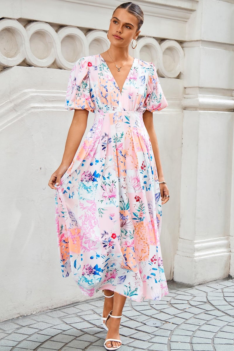 Maxigerui Women's Summer Floral Maxi Dress Spring Wedding Guest Dress 2026 Pink Blue Floral Print S - Image 4