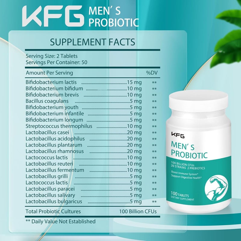 KFG Probiotic Supplement 100 Billion CFU 20 Strains 2 Prebiotics and Digestive Enzymes Supports Digestion Immune Support Gut Health and Metabolism NonGMO Gluten  Soy Free 100 Tablets - Image 2