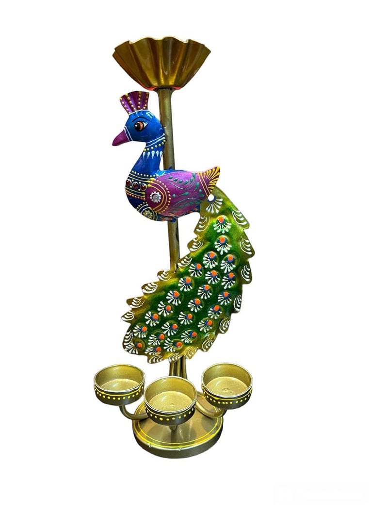 pranjals house - pranjals house Tea Light Candle Holder for Home Decorative Peacock Showpiece Metal Figurine 4 Candle Diya Burner Slots for Mandir, Pooja Room, Living Room, Diwali Gifts(Size-13x5x6 Inches) - Image 1