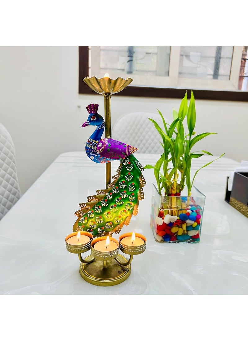 pranjals house - pranjals house Tea Light Candle Holder for Home Decorative Peacock Showpiece Metal Figurine 4 Candle Diya Burner Slots for Mandir, Pooja Room, Living Room, Diwali Gifts(Size-13x5x6 Inches) - Image 1