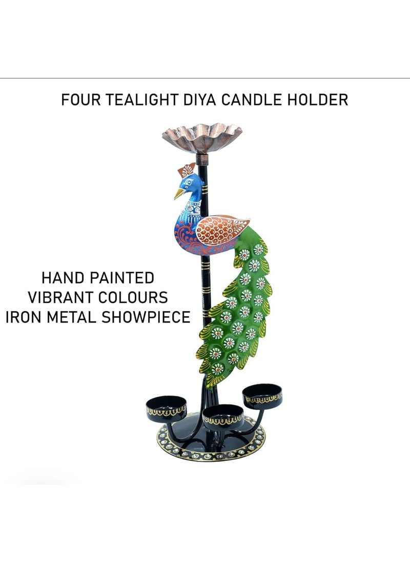 pranjals house - pranjals house Tea Light Candle Holder for Home Decorative Peacock Showpiece Metal Figurine 4 Candle Diya Burner Slots for Mandir, Pooja Room, Living Room, Diwali Gifts(Size-13x5x6 Inches) - Image 1