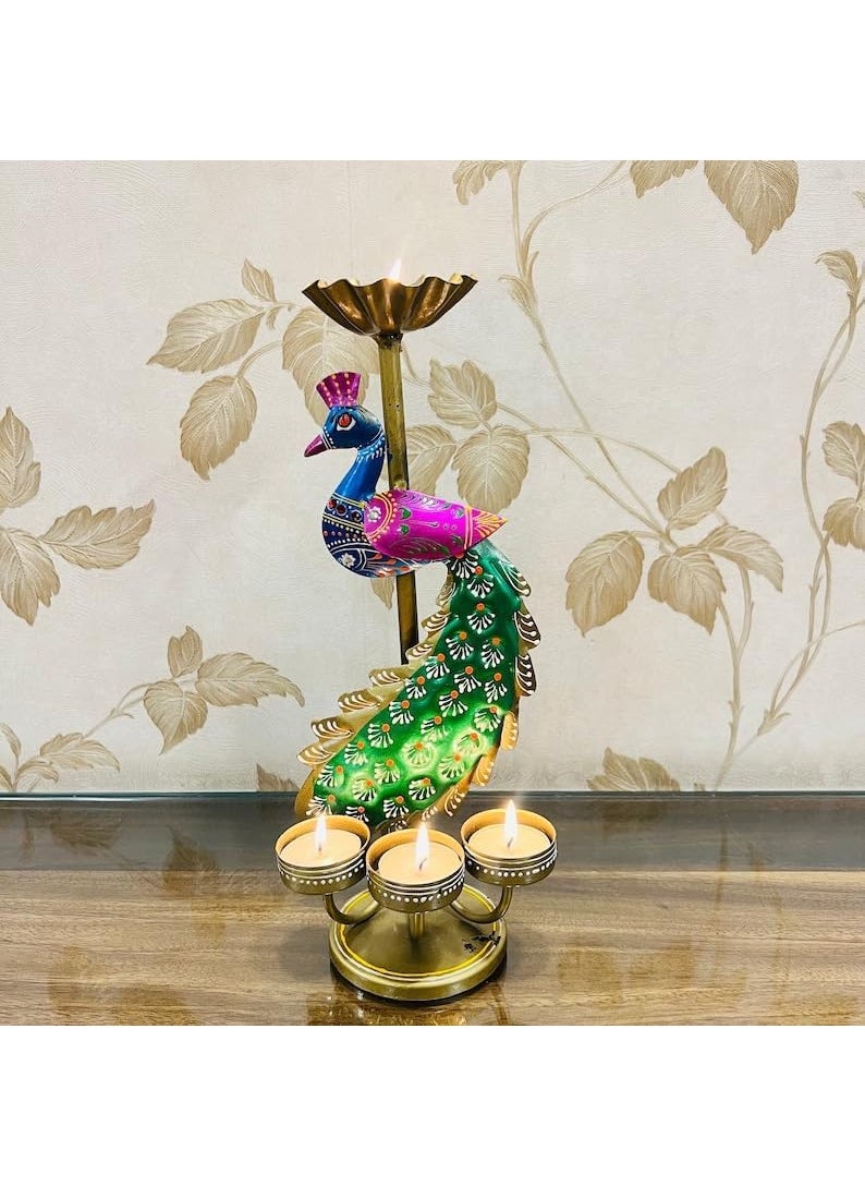 pranjals house - pranjals house Tea Light Candle Holder for Home Decorative Peacock Showpiece Metal Figurine 4 Candle Diya Burner Slots for Mandir, Pooja Room, Living Room, Diwali Gifts(Size-13x5x6 Inches) - Image 1