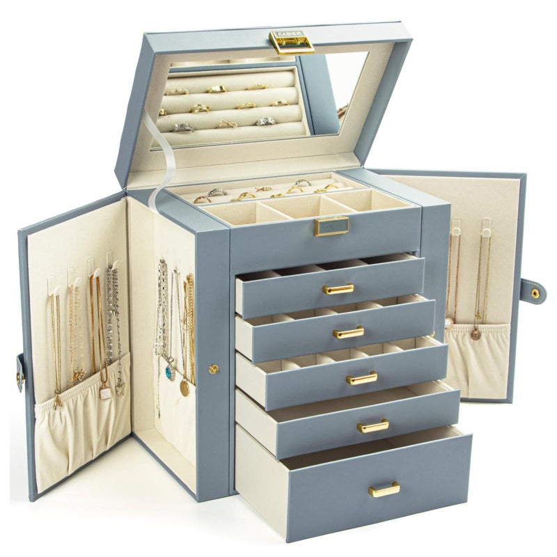 KAMIER Jewelry Box for Women, 6-Layer Large Jewelry Organizer Box with Mirror & 5 Drawers for Rings, Earrings, Necklaces, Bracelets,Bluish Grey - Image 1