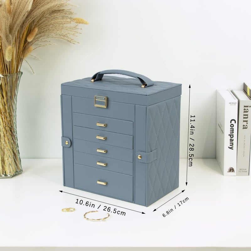 KAMIER Jewelry Box for Women, 6-Layer Large Jewelry Organizer Box with Mirror & 5 Drawers for Rings, Earrings, Necklaces, Bracelets,Bluish Grey - Image 2