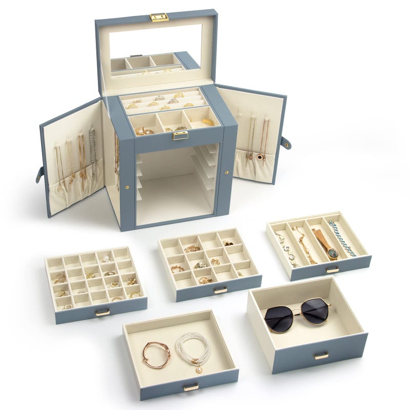 KAMIER Jewelry Box for Women, 6-Layer Large Jewelry Organizer Box with Mirror & 5 Drawers for Rings, Earrings, Necklaces, Bracelets,Bluish Grey - Image 3