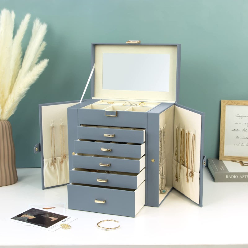 KAMIER Jewelry Box for Women, 6-Layer Large Jewelry Organizer Box with Mirror & 5 Drawers for Rings, Earrings, Necklaces, Bracelets,Bluish Grey - Image 5