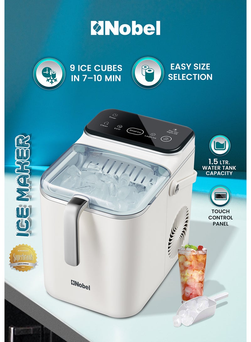 نوبل Ice Maker 1.5L Water Tank, 12Kg Daily Production, 3 Ice Cube Sizes, Smart Touch Control, Self-Cleaning, Compact Countertop Design  (1 Year Warranty) 1.5 L 110 W NIM21C White - Image 1