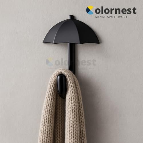 Colornest 1 Pc Metal Hooks for Wall – Heavy Duty Umbrella Design Wall Hooks for Hanging | Towel, Clothes Hanger for Bathroom, Kitchen & Entryway | Black - Image 3