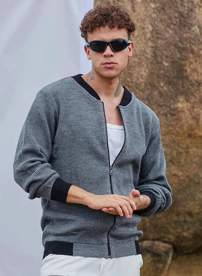 Campus Sutra Men's Dark Grey Zip-Front Knitted Jacket