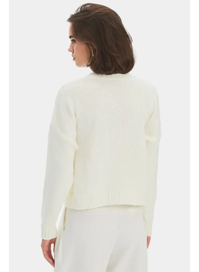 جون June Women Crew Neck Jacquard Knitwear Sweater Ecru