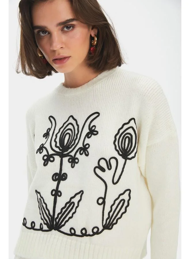 جون June Women Crew Neck Jacquard Knitwear Sweater Ecru