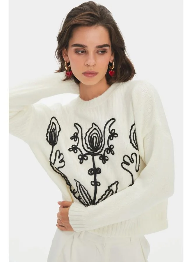جون June Women Crew Neck Jacquard Knitwear Sweater Ecru