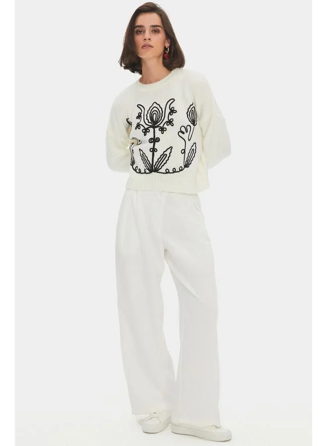 جون June Women Crew Neck Jacquard Knitwear Sweater Ecru
