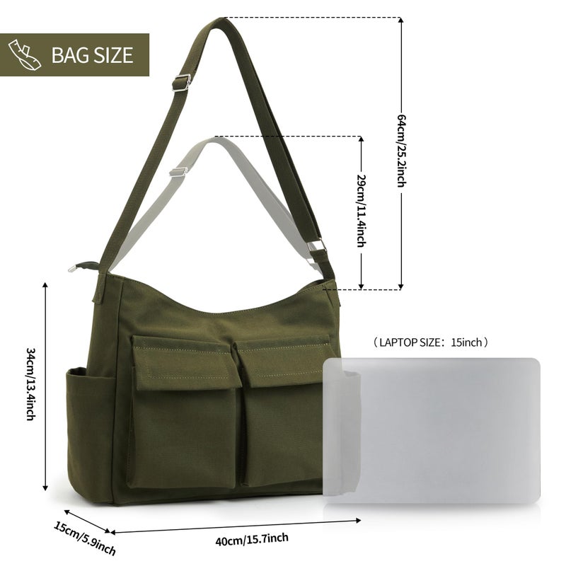 KALIDI FANCY FOREST KALIDI Canvas Tote Messenger Bag with Pockets, Large Crossbody Bags for Women or Men, Casual Canvas Shoulder Bag for College Work Travel Daily, Army Green - Image 4