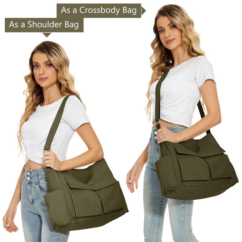KALIDI FANCY FOREST KALIDI Canvas Tote Messenger Bag with Pockets, Large Crossbody Bags for Women or Men, Casual Canvas Shoulder Bag for College Work Travel Daily, Army Green - Image 2