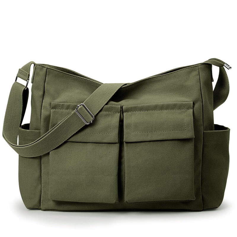 KALIDI FANCY FOREST KALIDI Canvas Tote Messenger Bag with Pockets, Large Crossbody Bags for Women or Men, Casual Canvas Shoulder Bag for College Work Travel Daily, Army Green - Image 1