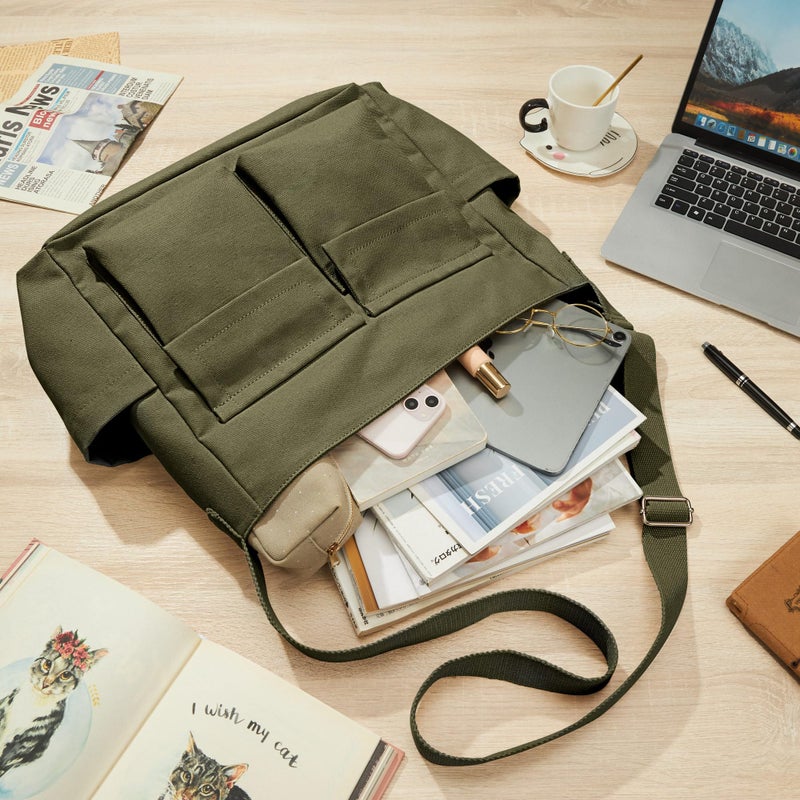 KALIDI FANCY FOREST KALIDI Canvas Tote Messenger Bag with Pockets, Large Crossbody Bags for Women or Men, Casual Canvas Shoulder Bag for College Work Travel Daily, Army Green - Image 3
