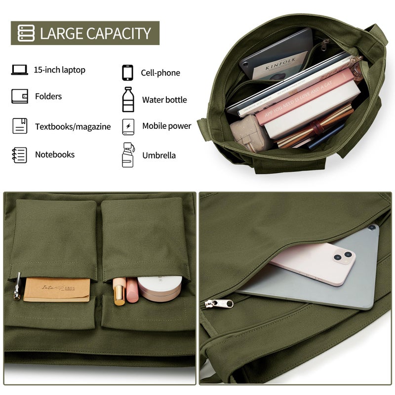 KALIDI FANCY FOREST KALIDI Canvas Tote Messenger Bag with Pockets, Large Crossbody Bags for Women or Men, Casual Canvas Shoulder Bag for College Work Travel Daily, Army Green - Image 5