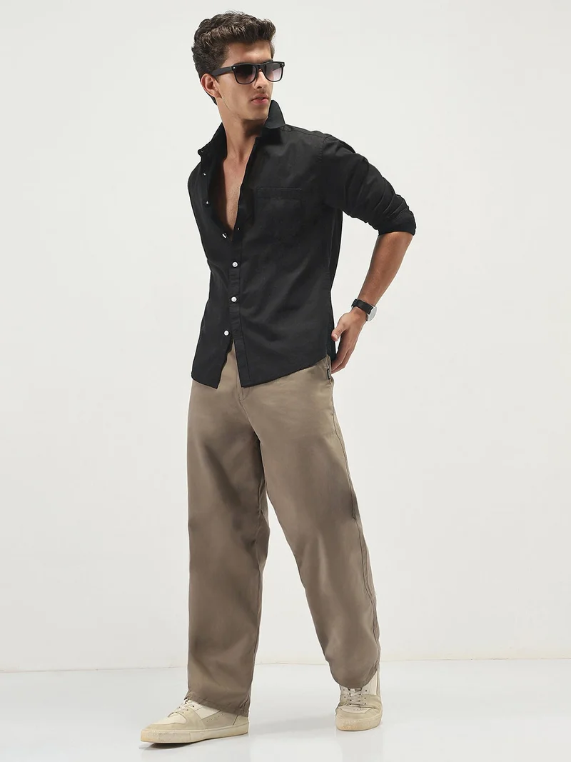 Urbano Fashion  Urbano Fashion Men's Black Cotton Full Sleeve Regular Fit Casual Solid Slub Shirt with Spread Collar  | Best Price UAE