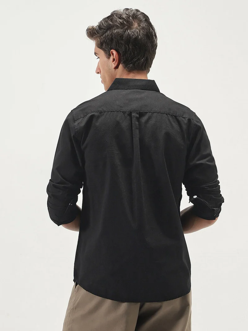 Urbano Fashion  Urbano Fashion Men's Black Cotton Full Sleeve Regular Fit Casual Solid Slub Shirt with Spread Collar  | Best Price UAE