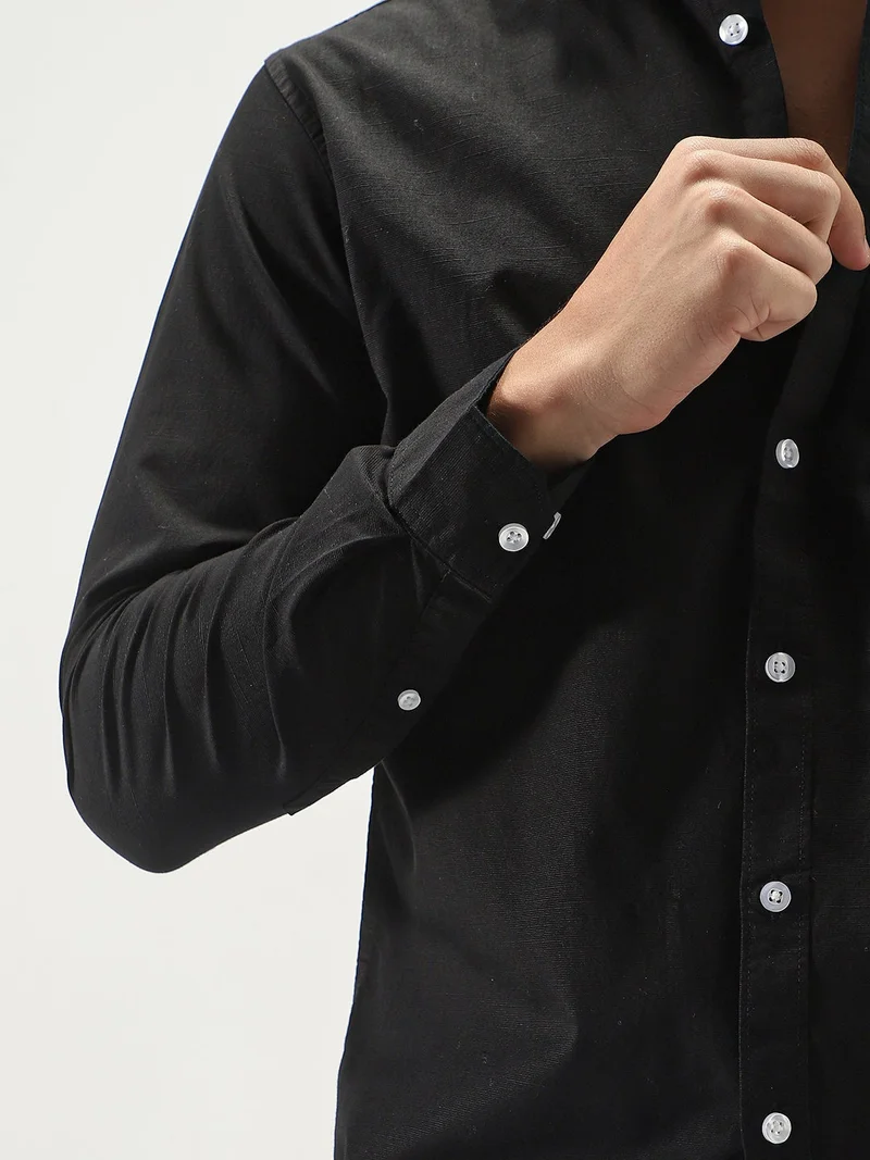 Urbano Fashion  Urbano Fashion Men's Black Cotton Full Sleeve Regular Fit Casual Solid Slub Shirt with Spread Collar  | Best Price UAE