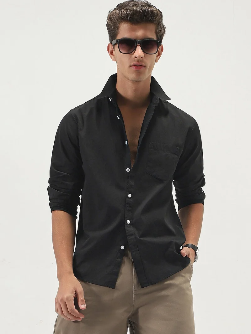 Urbano Fashion Men's Black Cotton Full Sleeve Regular Fit Casual Solid Slub Shirt with Spread Collar