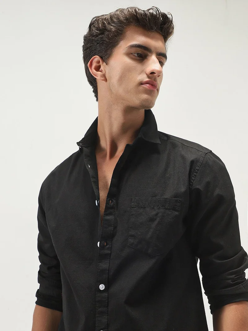 Urbano Fashion  Urbano Fashion Men's Black Cotton Full Sleeve Regular Fit Casual Solid Slub Shirt with Spread Collar  | Best Price UAE