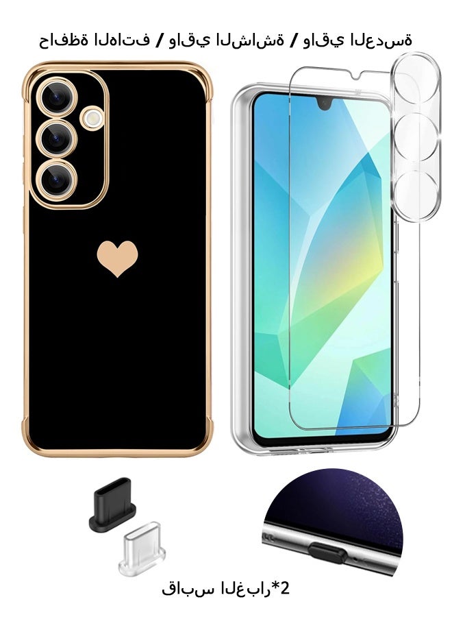 Wffo 7-in-1 - Compatible with Samsung Galaxy A16 Cases - Screen Protector / Camera Lens Protector / Dust Plug - Love Heart Plating Electroplate Luxury Elegant Case - TPU Drop Protection - Full Body Protection Shock Case - Black - Image 1